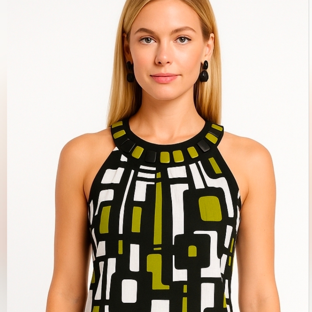 Laura Petite | Geometric Print Halter Neckline Midi Dress - Picture 10 of 11